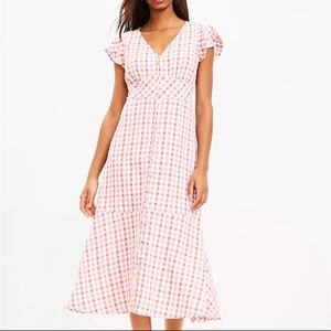 Gingham flutter v neck midi dress